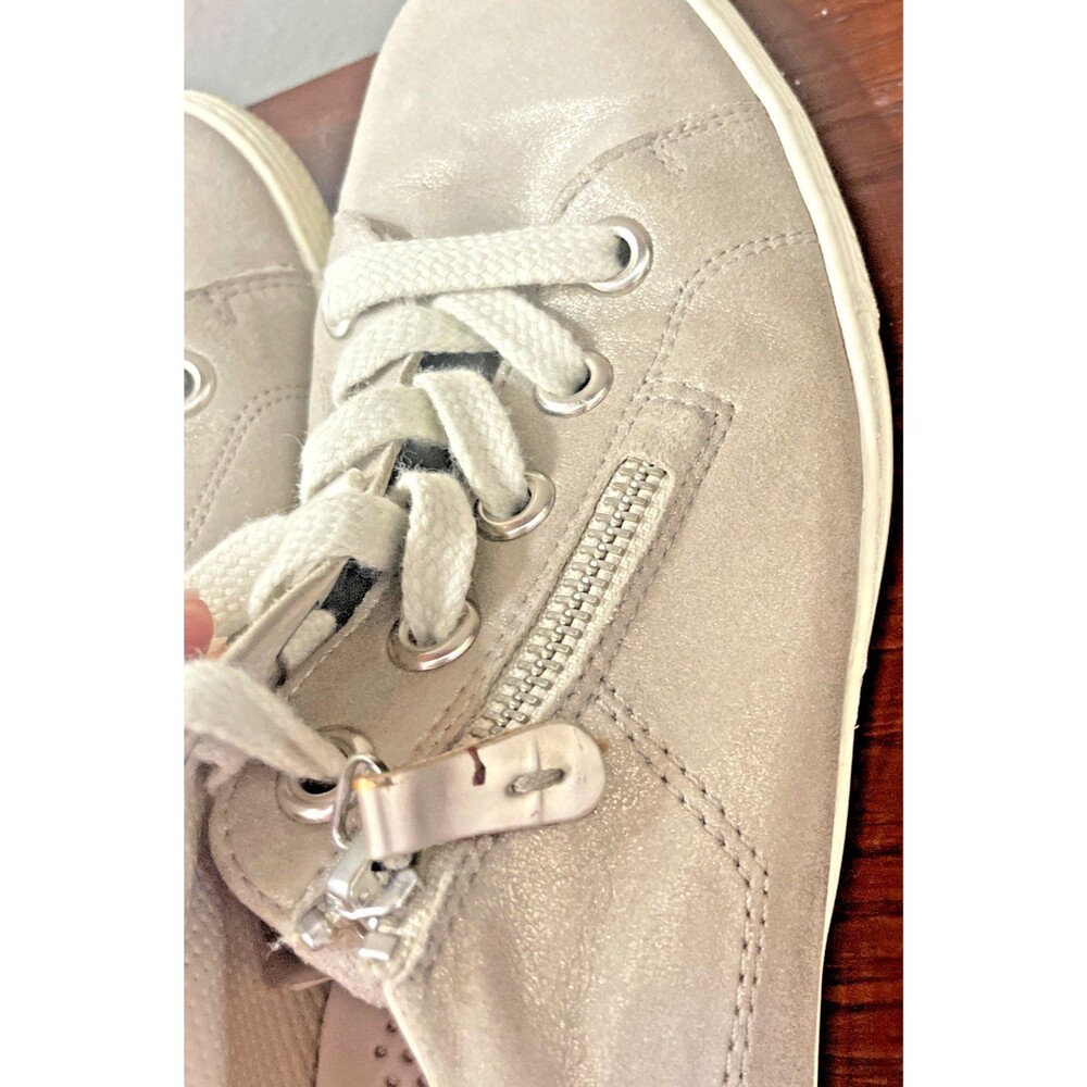 Paul Green Metallic Leather Sneakers Women 9 Taupe Champagne Comfort Shoes - Picture 3 of 9